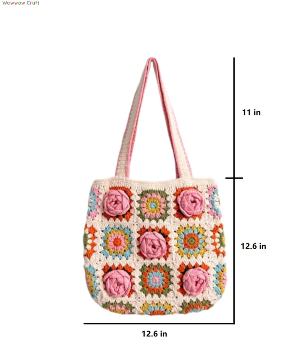 Shoulder Bags,Totes,Handmade Crochet Bags,Pink Flowers Granny Square Tote crocheted with Snow Fairy Yarn - High quality handmade crocheted shoulder bag
